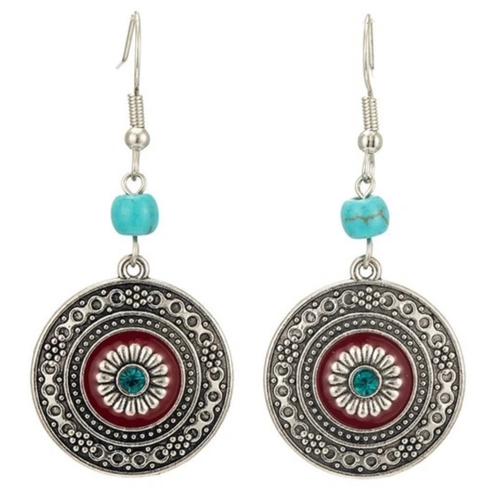 Boho Gem Rhinestone Turquoise Bead Drop Earrings - Picture 2 of 2